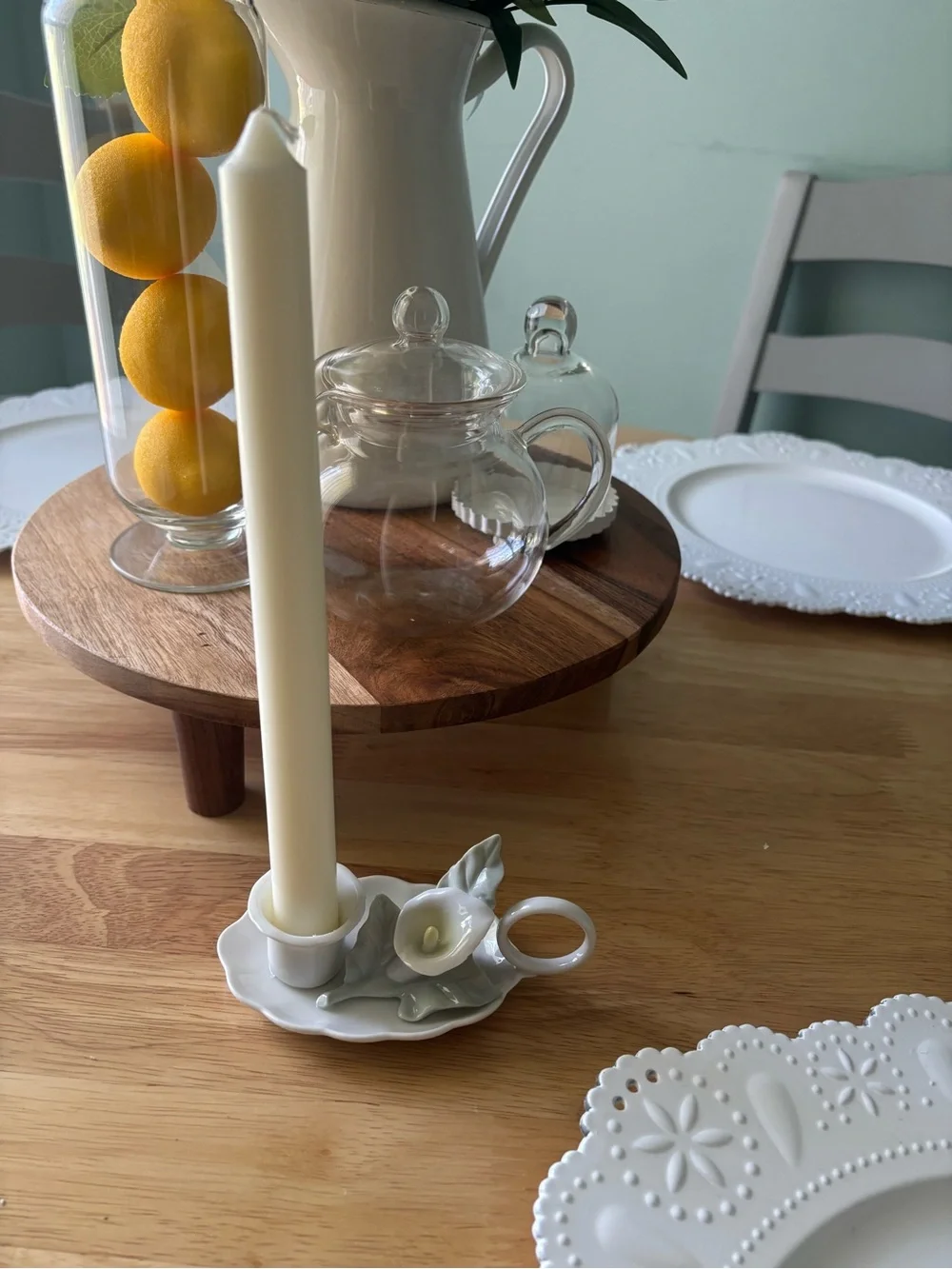 Porcelain Flower Candle Holder with Pale Green Leaves and White Cup